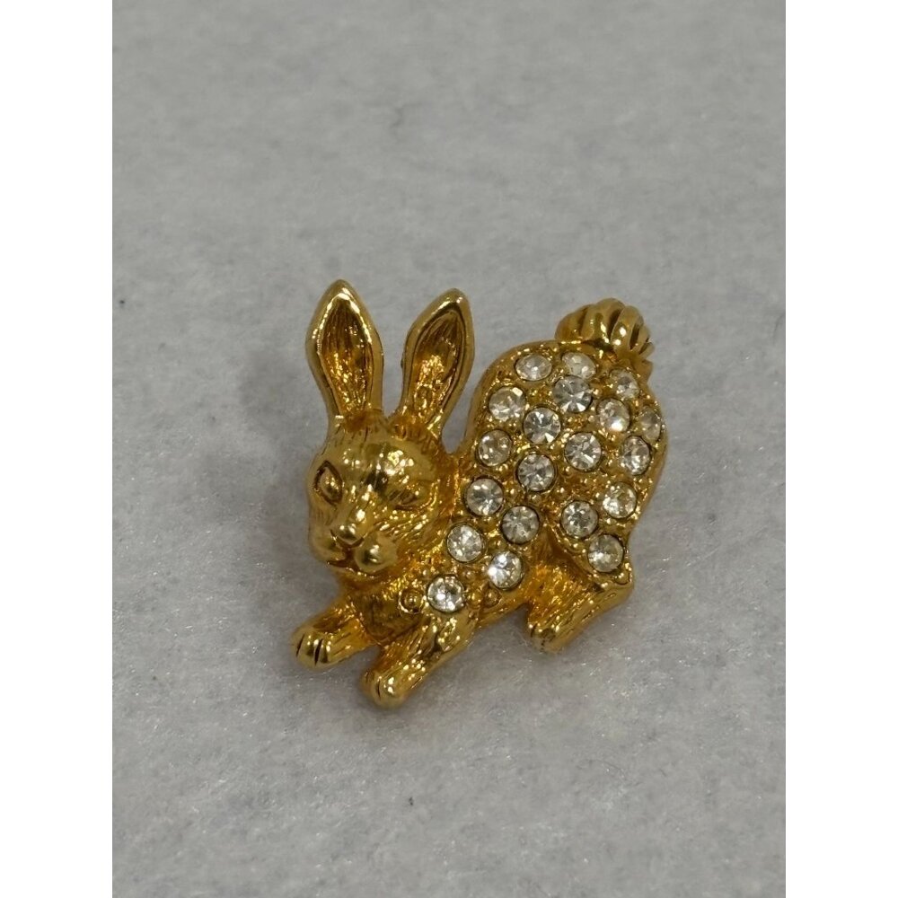 Vintage MARKED Avon Rhinestone Rabbit Tie Tack Gold Tone Holiday